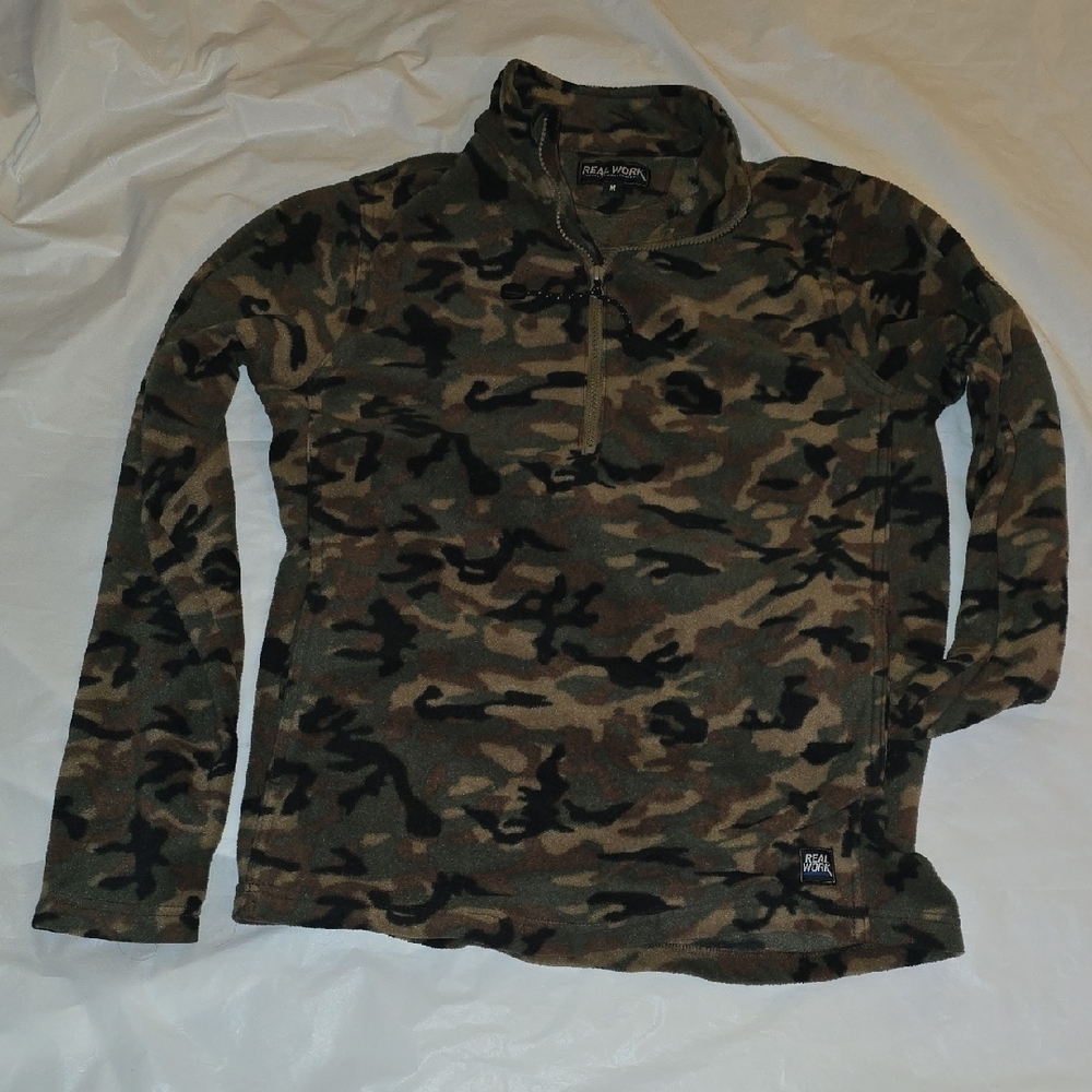 Real Work Men's Camo Fleece Quarter Zip With Collar Medium
